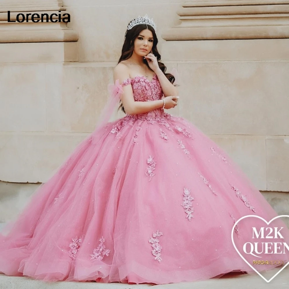 Lorencia блестящее розовое платье Quinceanera бальное кружево аппликация бисером