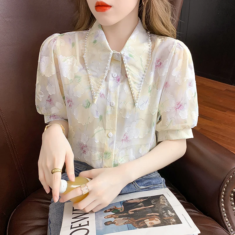

Shirt Womens Tops Summer New Short Sleeve Floral Print Chiffon Loose Beading Turn-down Collar Women Shirts Dropshipping