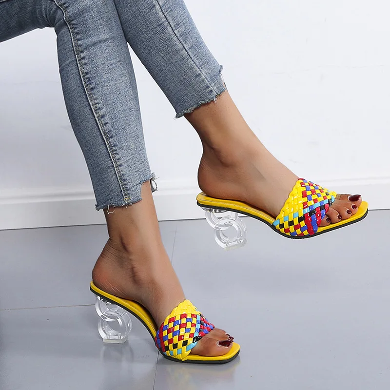 

High-heeled Shoes Women's 2022 Summer Elegant Sandals New Thick-heeled Colorful Woven Ladies Crystal Heel Slippers Fish Mouth PU