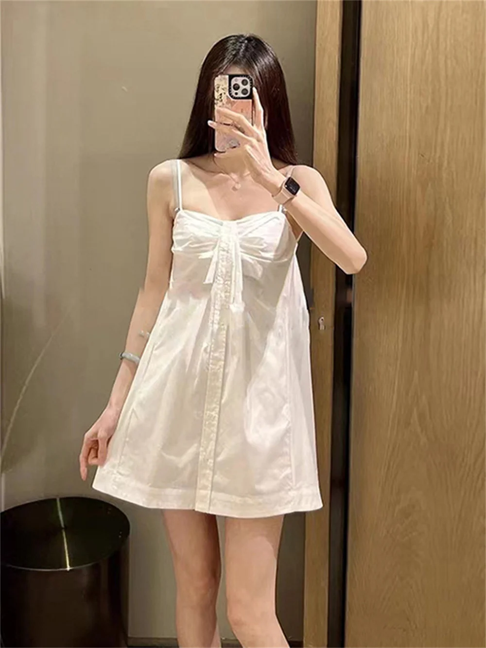 Women Sleeveless Square Collar Sling Dress 2023 Summer New Ladies All-Match Single Breasted Backless White Plated Sweet Robe