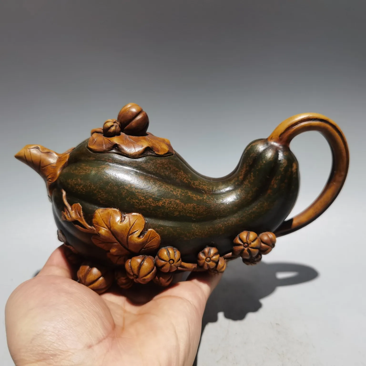 

8"Chinese Yixing Zisha Pottery pumpkin shape melon vine kettle teapot flagon part mud Gather fortune Office Ornaments