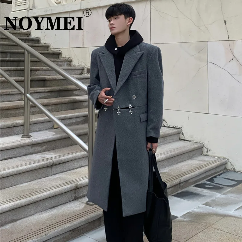

NOYMEI Niche Advanced Deconstruction Shoulder Pad Woolen Coat Men Winter Korean Style Hepburn Metal Buckle Design Trench WA1849