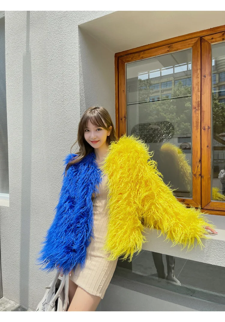 Fahion Patchwork Faux Fur Coat Women Fall Winter Color Block Fake Wool Long Sleeve Warm Streetwear Cardigan Jackets Outwear