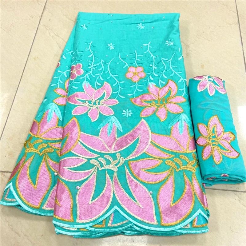 

5 +2Yard Swiss Fabric Latest Heavy Beaded Embroidery African 100% Cotton Voile Lace Popular Dubai 2022 Style For wedding Party