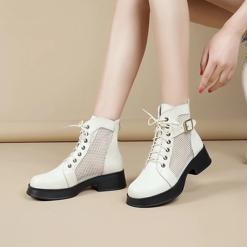 Women Summer Cool Boots Genuine Leather Fashion Women Short Boots Hollow Mesh British Style Large Size Mesh Boots For Women