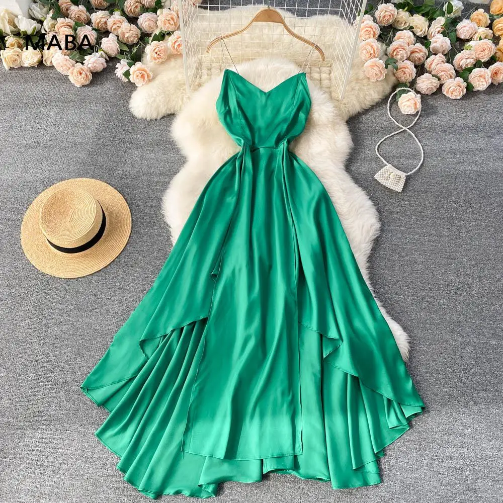 

Summer Women Sexy Spaghetti Strap Dress Ladies V-neck High Waist A-line Backless Sundress Elegant Irregular Boho Long Dresses