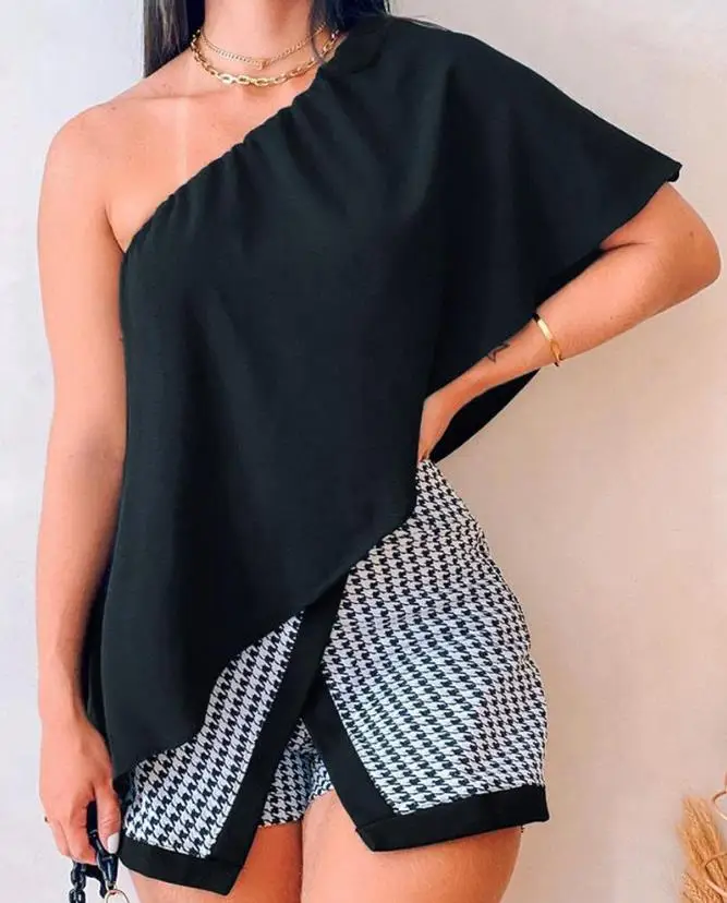 

Summer Women's Two-Piece Fashion Black Diagonal Collar One-Shoulder Asymmetric Top&tiger Tooth Print Shorts Sexy Street Wear
