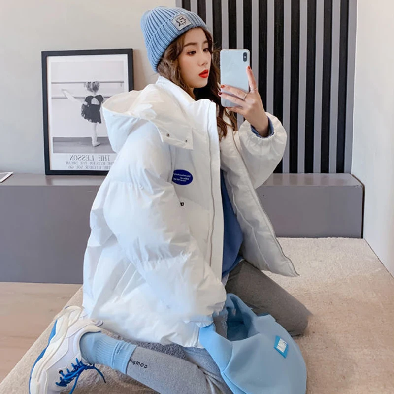 Women's Cotton Padded Hooded Jacket 2023 Winter New Student Thicken Warm Parkas Woman Loose Zipper Whiter Parka Outerwear