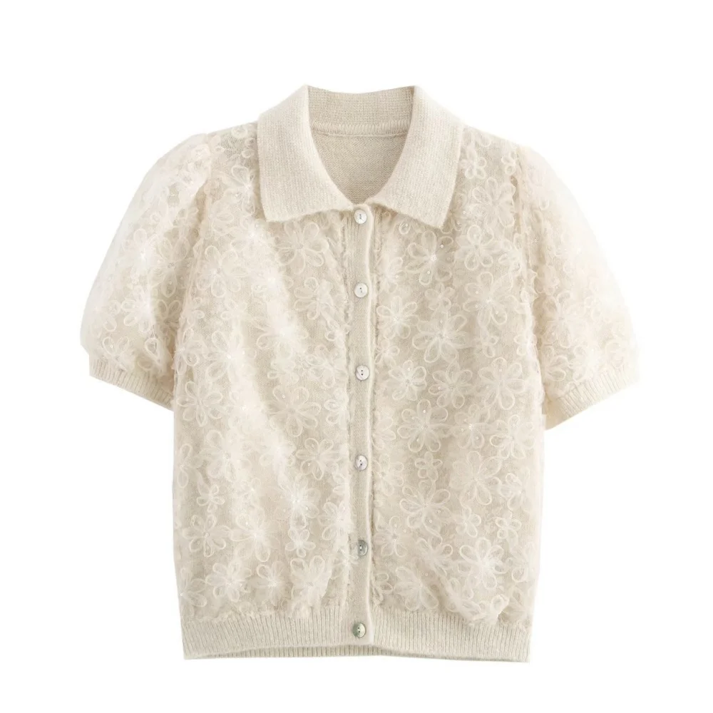 Женский милый вязаный кардиган с кружевом и бисером лацканами цветами короткими