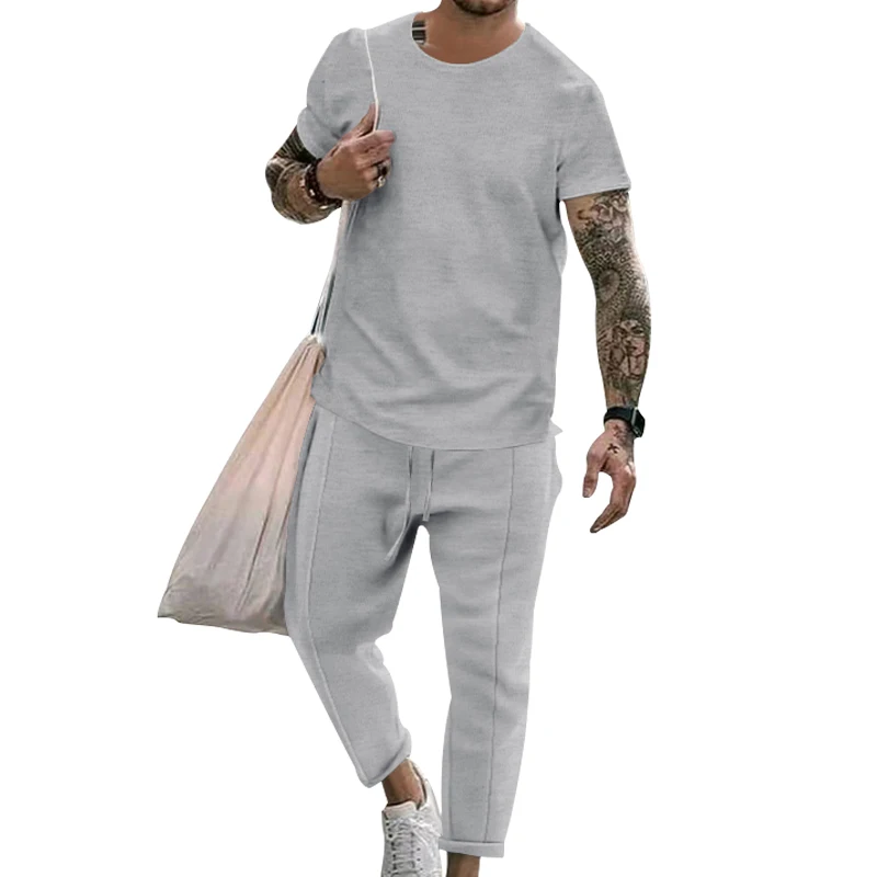 Brand Men's Spring/Summer Round Neck Casual Comfortable Top+Split Sweatpants Two Piece Set of Boutique Set