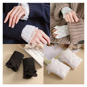 White Women Fake Cuffs Lace Wrist Warmers Black Flare Sleeve DIY False Cuff For Sweater Blouse Apparel Decor Clothes Accessories 1