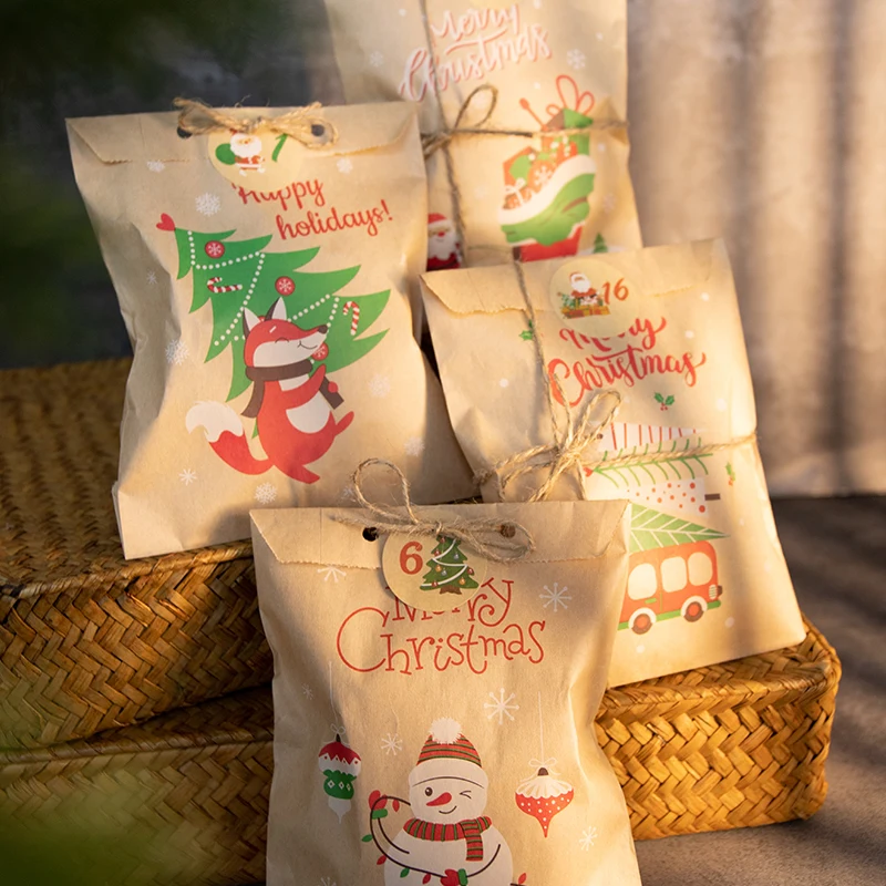

24Sets Christmas Kraft Paper Bags Wrapping Supplies Santa Claus Snowman Fox Holiday Xmas Party Favor Bag Candy Cookie Pouch Gift