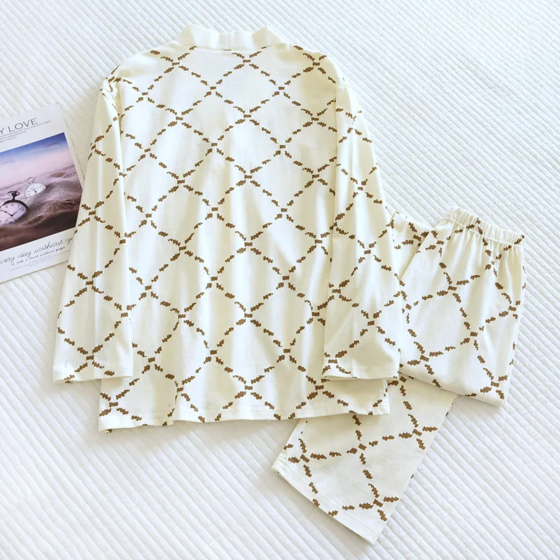 2023 New Spring/Summer Women's Pajama Set 100%Cotton Ladies Diamond Plaid V-Neck Long Sleeve Pants Two Piece Home Suit Sleepwear