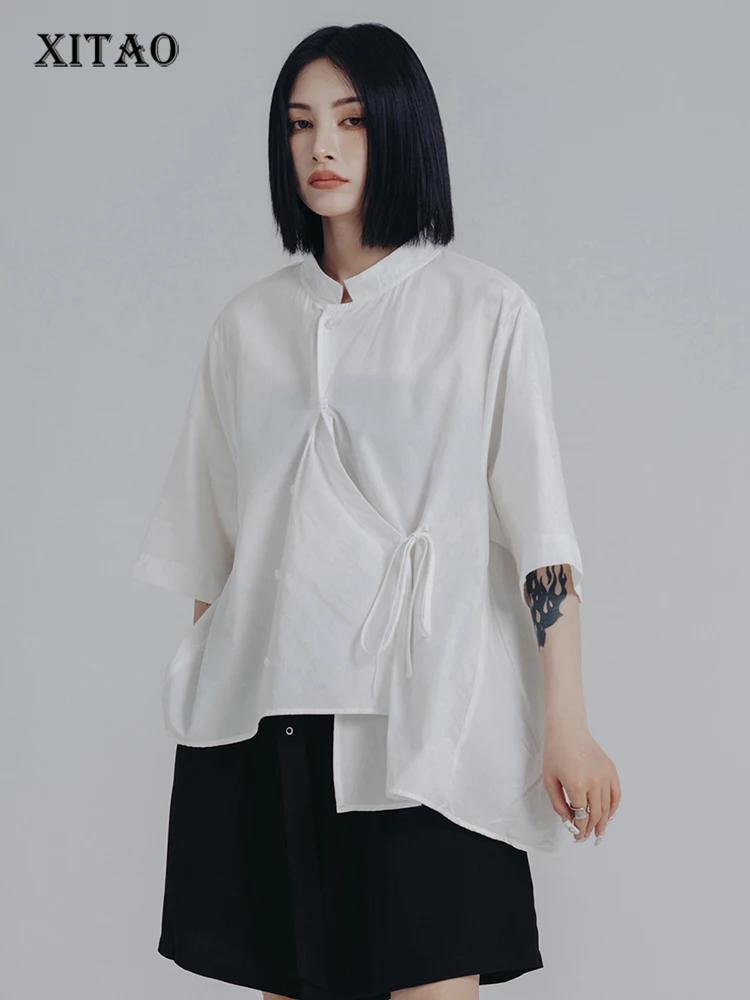 

XITAO Irregular Blouse Single Breast Drawstring Solid Color Small Fresh Casual Style 2022 Summer Minority Loose Shirt WMD6183