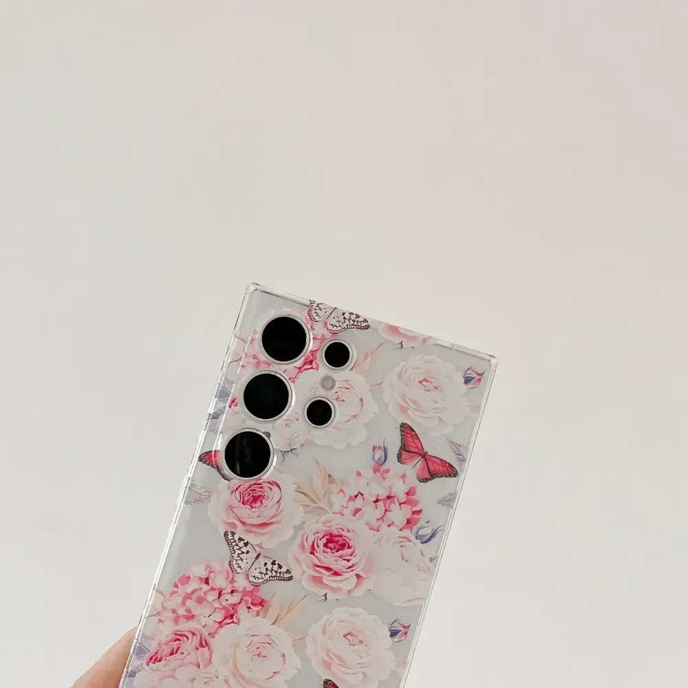 Милый чехол для телефона с рисунком бабочки и цветка Samsung S24 Ultra S22 S21 S20FE прозрачный