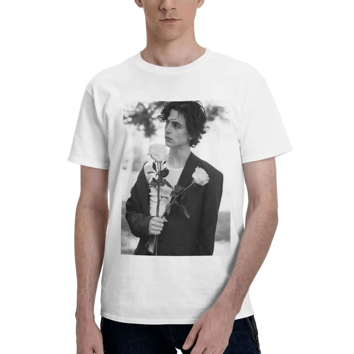 

Timothee Chalamet Retro T-Shirts Men White Rose Romance Fun T-Shirt Crewneck Beach Tops