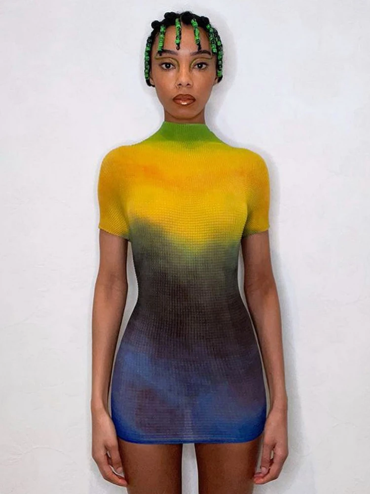 

Sunny Tie Dye Gradient Mini Dress Short Sleeve Bodycon Sexy Y2K Clothes Streetwear Party Club Festival Outfits Dropshipping