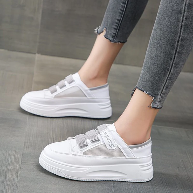 

Женские кроссовки на платформе, повседневные белые спортивные туфли, женская летняя дышащая сетчатая обувь на липучке, 2022