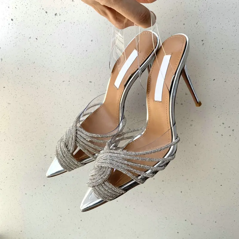 

2022 Summer New High-heeled Sandals For Women Pointed-Toe Film Rhinestone Stiletto Heels Roman Strap Wedding Party Women's Shoes