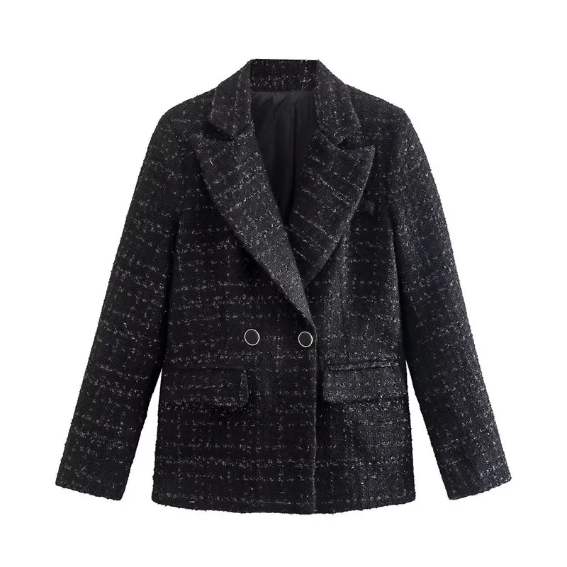 

Черная твидовая куртка, осень 2023, женский шерстяной лацкан с длинным рукавом, черный костюм, Приталенный топ для поездок