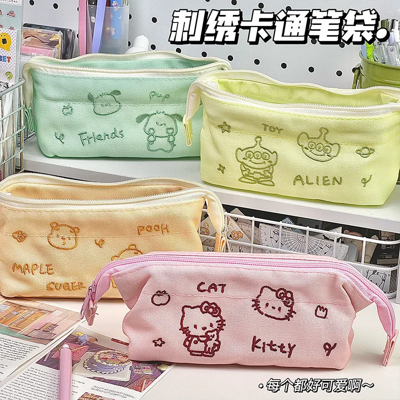 

New Embroidered Cartoon Sanrio Hello Kitty Pencil Case Minimalist Large Capacity Stationery Bag Student Pencil Bag Stationery