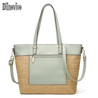 diinovivo summer straw handbags women large capacity shoulder bag woven pu leather patchwork crossbody bag ladies tote whdv2104