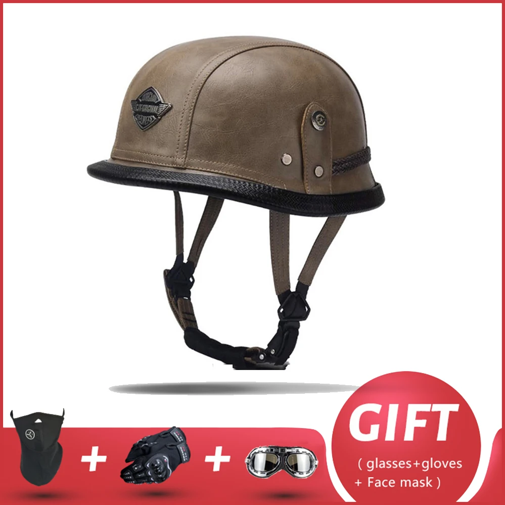 

DOT Approved PU Leather High Quality Vintage Half Motorcycle Helmet Cafe Racer Retro Men Open Face Scooter Cruiser Casco Moto