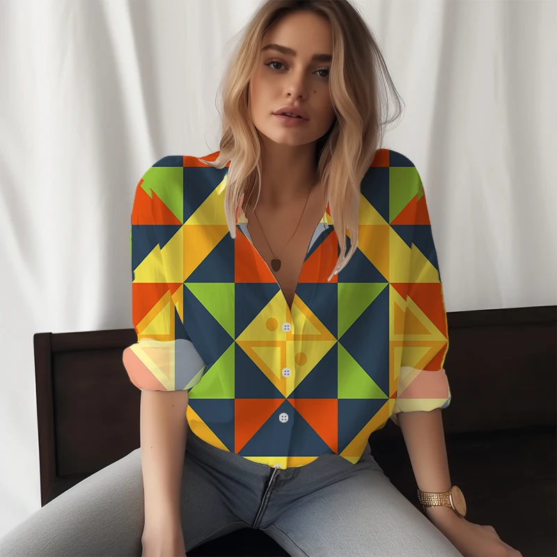 

2023 New women's shirt Color square 3D printed women's shirt Casual style women's shirt Fashion trend women's long-sleeved shirt