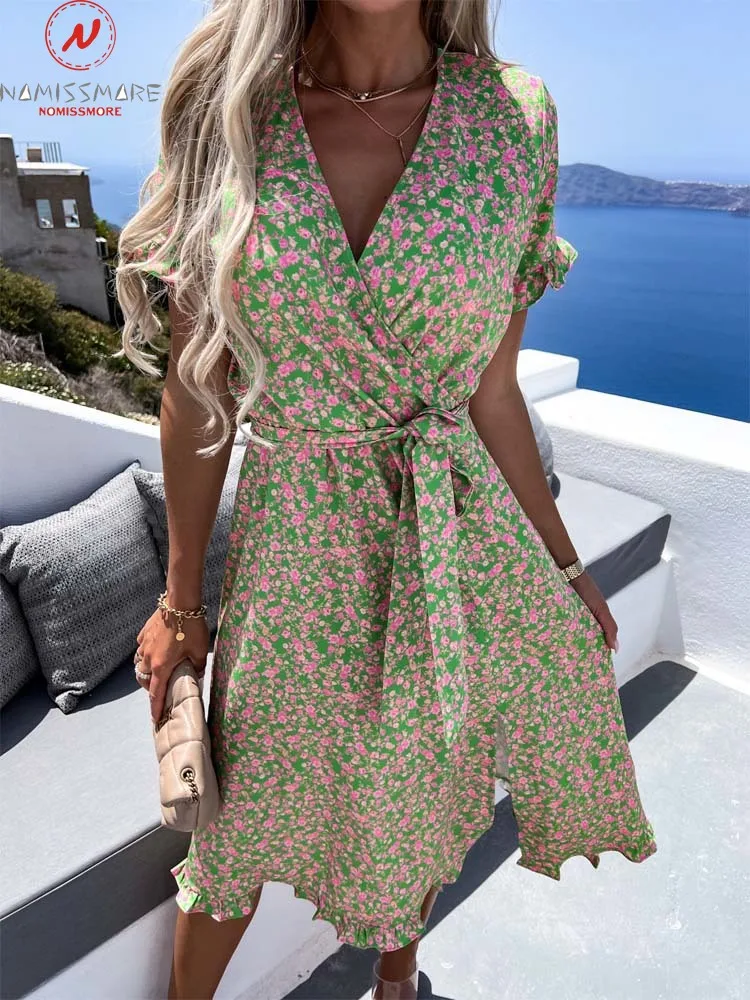 

Fashion Women Summer Print A-Line Dress Side Split Design Belt Decor V-Neck Butterfly Short Sleeve Mid Waist Slim Dress