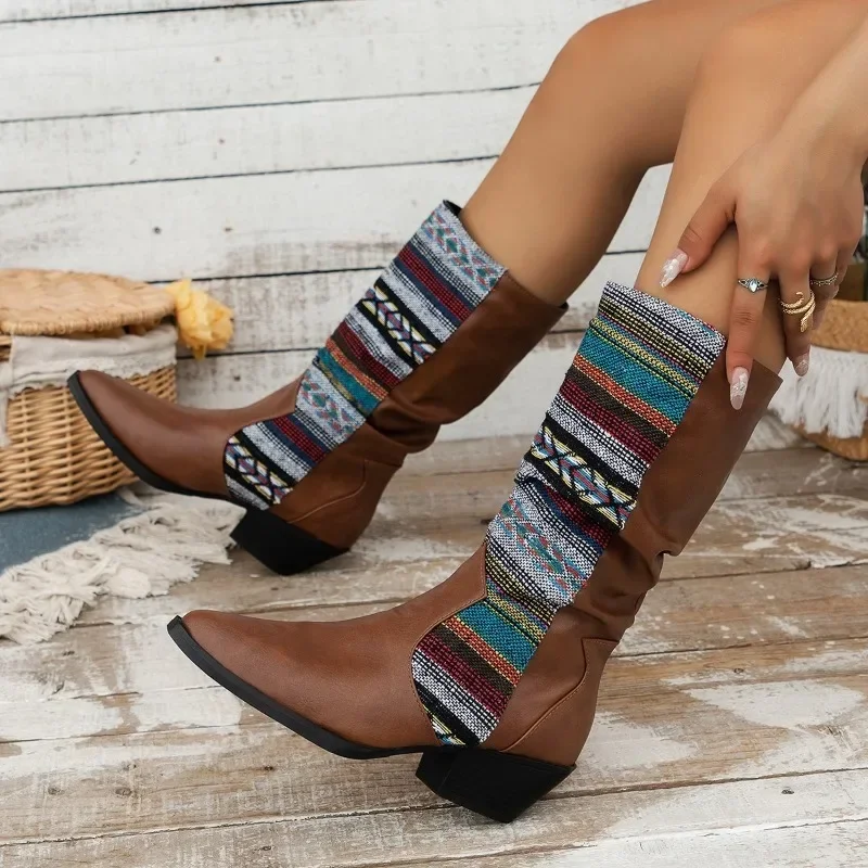 

2023 New Women's Shoes Slip-on Women's Boots Fashion Color Matching Sexy Pointed Toe Hot Sale Square Heel Mid-Calf Shoes Female