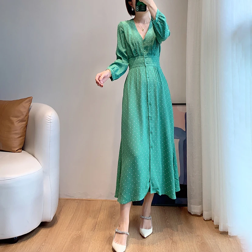 

Платье-рубашка средней длины с принтом «зеленые точки», женская одежда для весны и лета, UK 6-UK 20