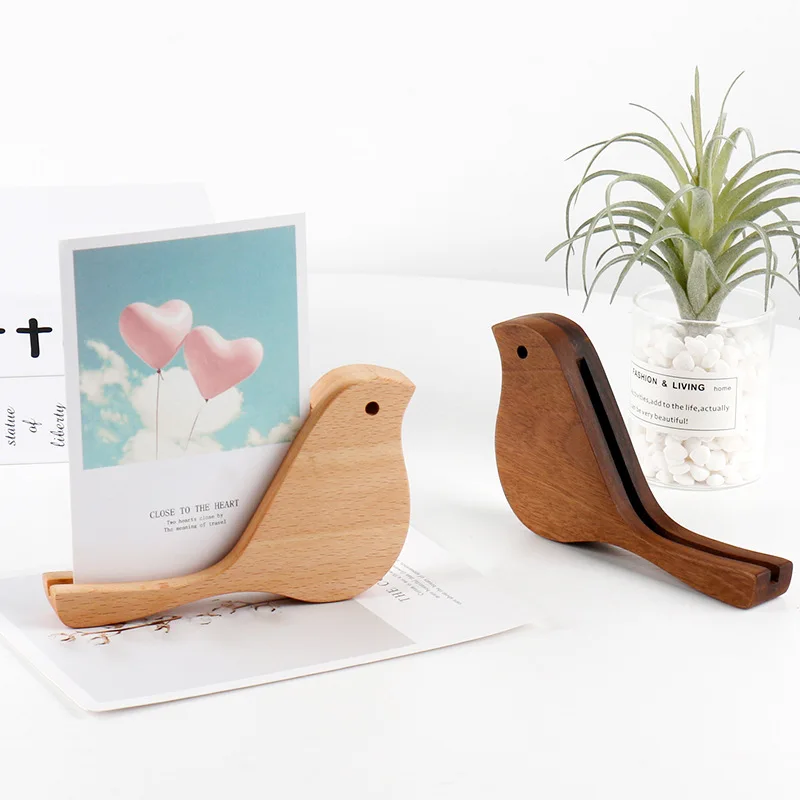 

Cute Wooden Bird Shaped Calendar Holder Desktop Message Sticky Note Postcard Pictures Solid Wood Base Shelves Home Office Decor