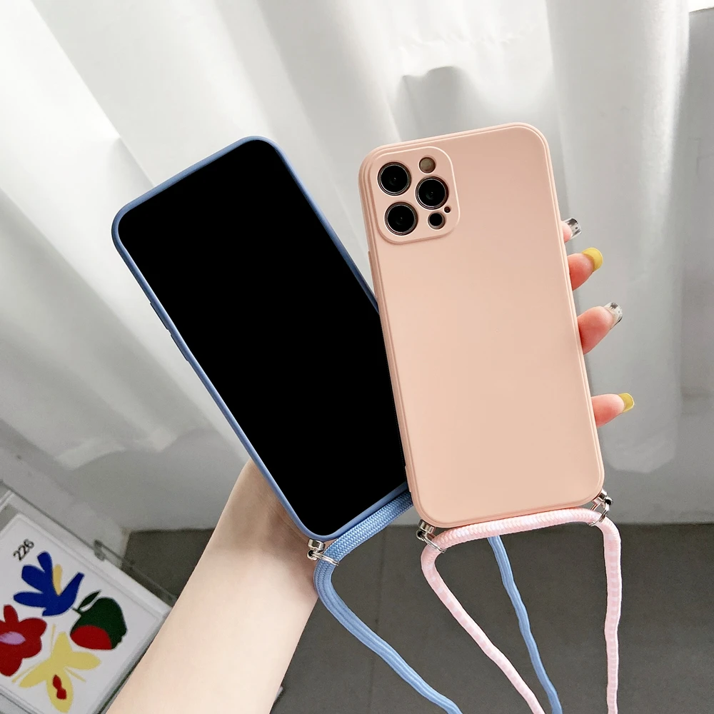 Crossbody Necklace Strap Lanyard Cord Phone Case For Realme 2 5 5i 5s 5 6 6i 6s 7 7i 8 Pro 8i Liquid Silicone Soft Back cover