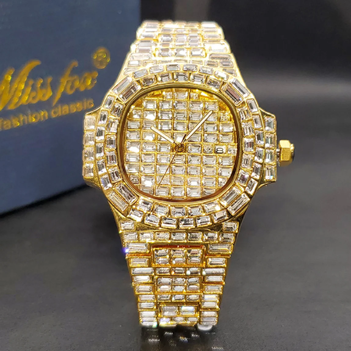 

Gold Men Watch MISSFOX Luxury Classic Square Diamond Calendar Quartz Watches For Male Iced Out Baguette Wristwatches Droshipping