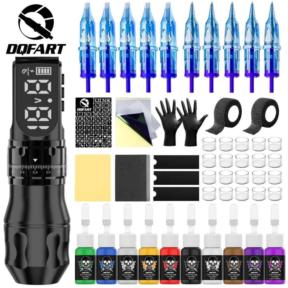 Фото DQFART T9 LED цифровой дисплей, электрическая беспроводная машинка для татуировок, набор 1700 мАч, аксессуары для креативного боди-арта, иглы. №1