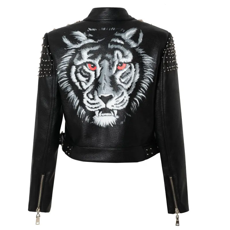 Women's spring and autumn new street button personality tiger head print pattern punk motorcycle jacket leather jacket enlarge