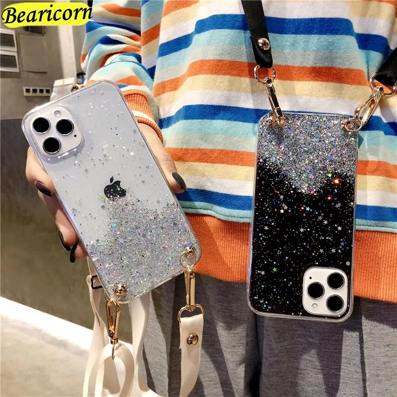 

Glitter Transparent Crossbody Lanyard Soft Phone Case For Huawei P8 P9 P10 P20 P30 P40 Lite E P50 Pro P Smart Z S Plus Cover