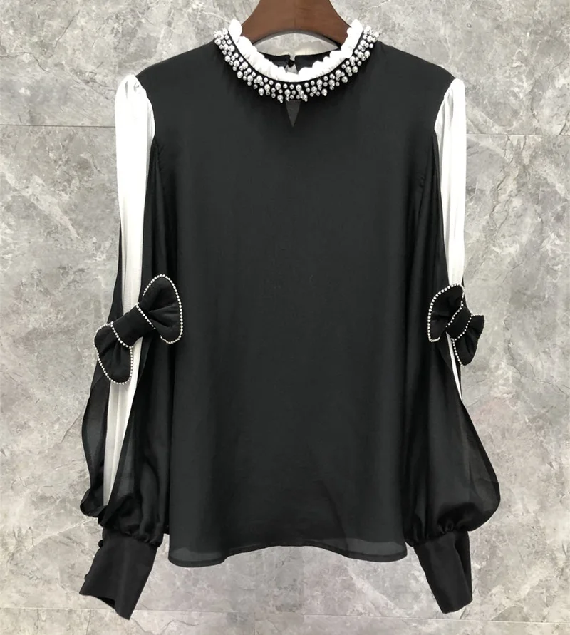 

Top Quality Silk Blouse 2022 Spring Summer Tops Women Beading Bow Deco Long Sleeve Elegant Tops Blouse Ladies Pure Silk Tops