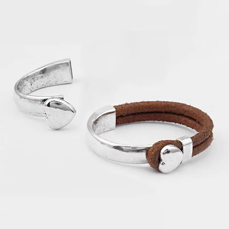 Две серебряные полузапонки в форме сердца Zamak 5 мм кожаные пряжки браслеты DIY ювелирные изделия