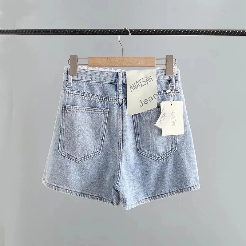 Withered Ins Fashion Blogger Vintage Washed Lace High Wasit Harem Denim Shorts Women Bermuda Loose Short Women