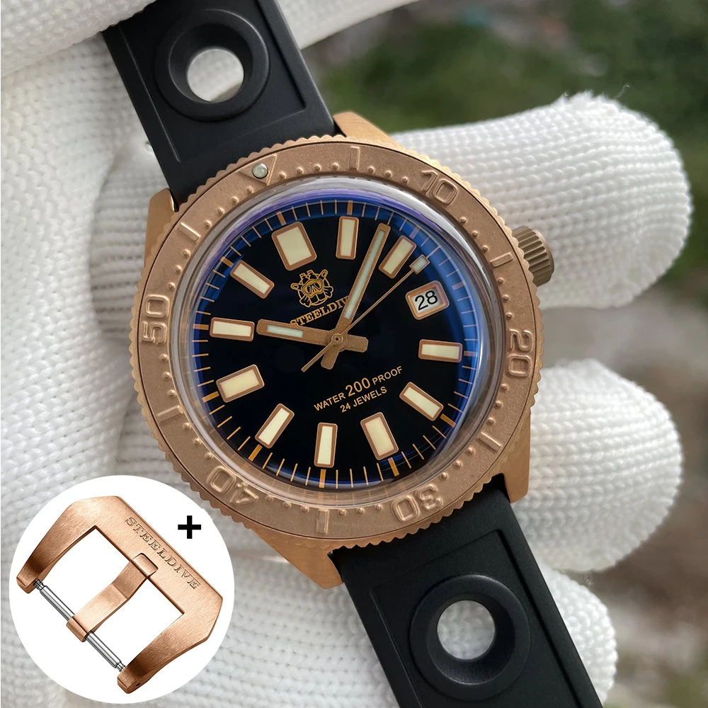 

Мужские часы для дайвинга STEELDIVE SD1962S, бронзовые наручные часы CUSN8, сапфировое стекло, пузырьковое зеркало, механические часы NH35, Супер Светящ...