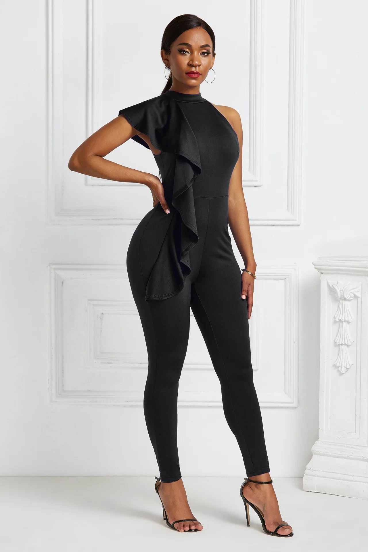 DEARIRIS Women Sexy Sleeveless High Waist Wide Leg Romper Long Ruffles Jumpsuit Solid Color
