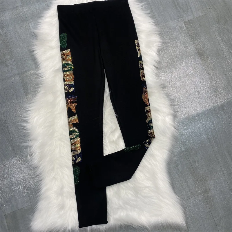 

Hot Drill Bear Beading Letters Women Leggings All-match Spring Summer Stretch Skinny Pants Yoga Fitness Black Legging