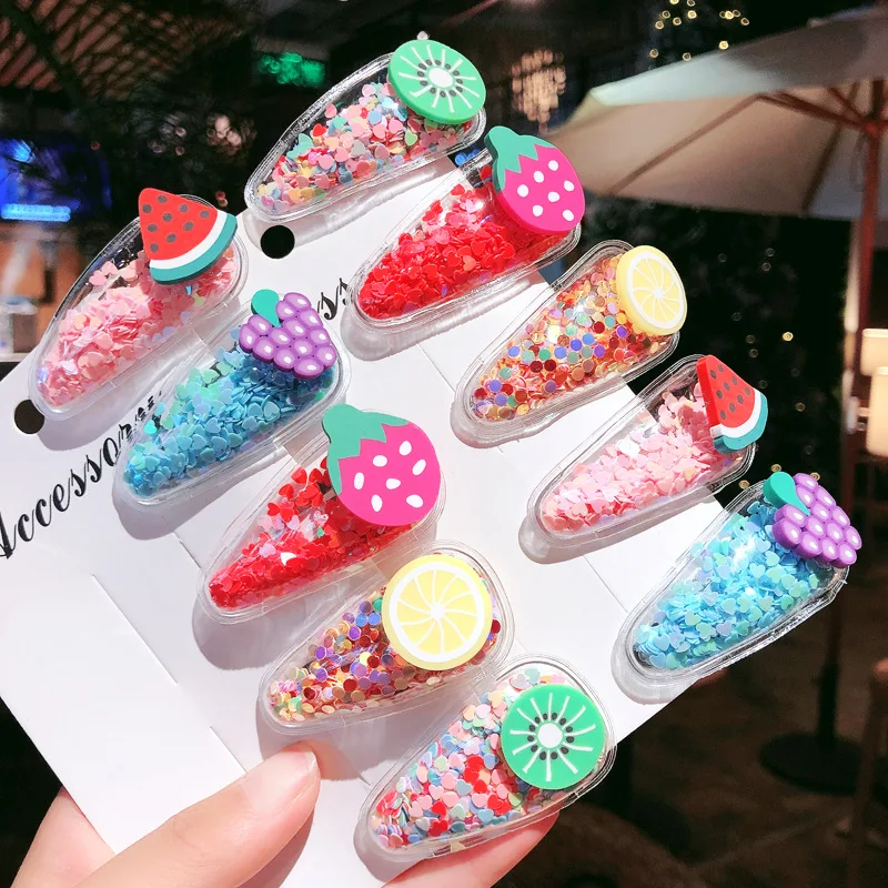 

2022 New Fashion Cute Fruit Flowing Sand Hair Clip Five Sets of Children Bangs Side Clip Transparent PVC Hair Card Bb Clip