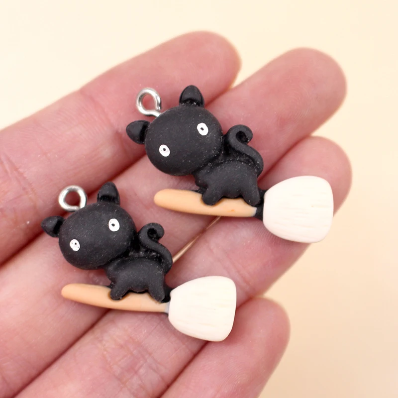 

10pcs Cute Resin Broomstick Black Cat Charms Lovely Cartoon Animal Earring Pendant Diy Jewelry Charm Making Accessory