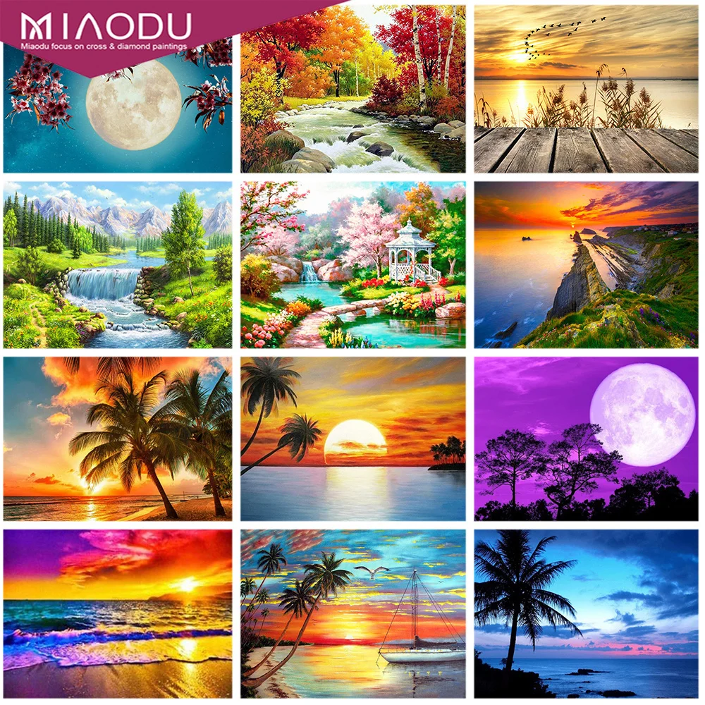 

Miaodu Full Round Diamond Painting Scenery 5D DIY Beach Tree Diamond Embroidery Cross Stitch Kit Home Decoration Gift