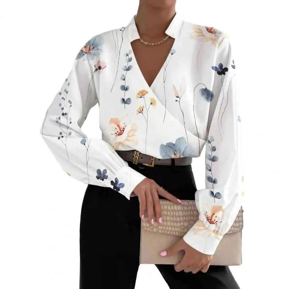 

Блузка женская с цветочным принтом, элегантный модный офисный пуловер с воротником-стойкой, V-образным вырезом и длинным рукавом, осень