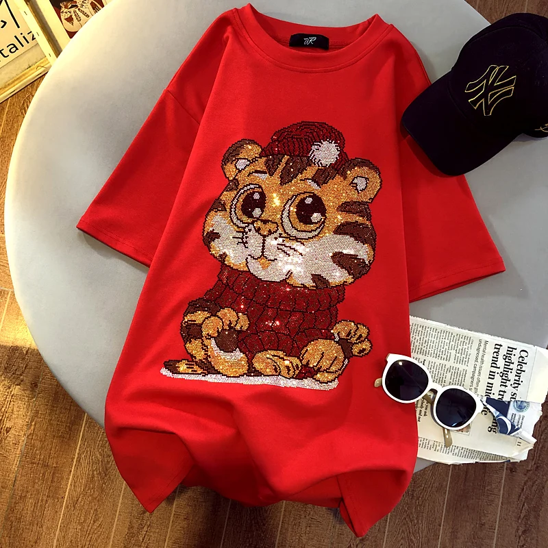 

Pure Cotton Back Bag Collar Women's 2022 Cute Tiger Spring Summer Hot Diamond Round Neck Short-sleeved T-shirt