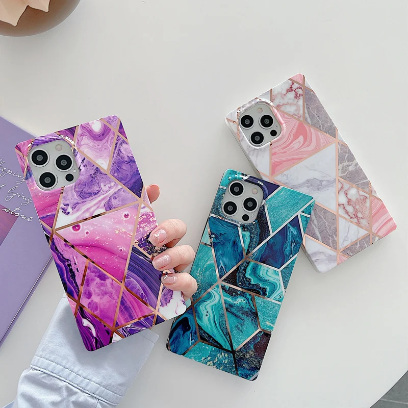 

Plating Geometric Marble Square Phone Case For iphone 13 12 XS X XR 11 Pro Max 8 7 Plus SE 2020 Silicone Soft TPU Back Cover