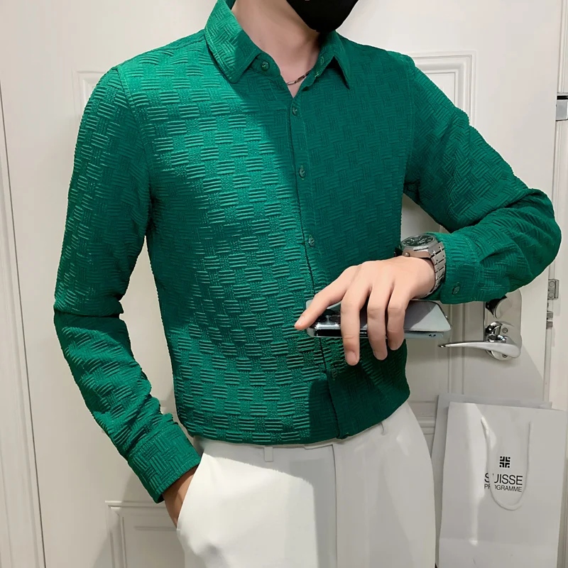 

Autumn Men Casual Business Social Long-sleeved Pointed Collar Shirt Korean Solid Color Slim Fit Plaid Party Wedding Tuxedo Shirt